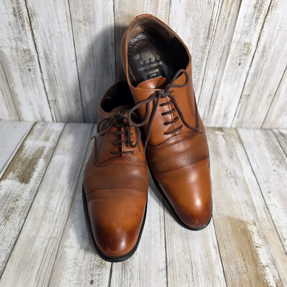 America Today 167 Mens Tan Leather Perforated Textured Oxford Dress Shoe Size 43